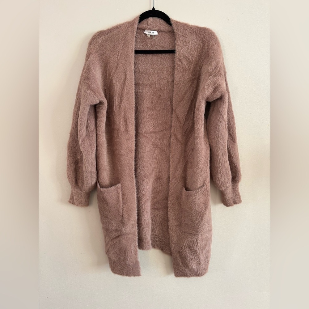 Sioni Faux Fur Cardigan Dusty Pink Blush, Front Pockets, Oversized Size Small